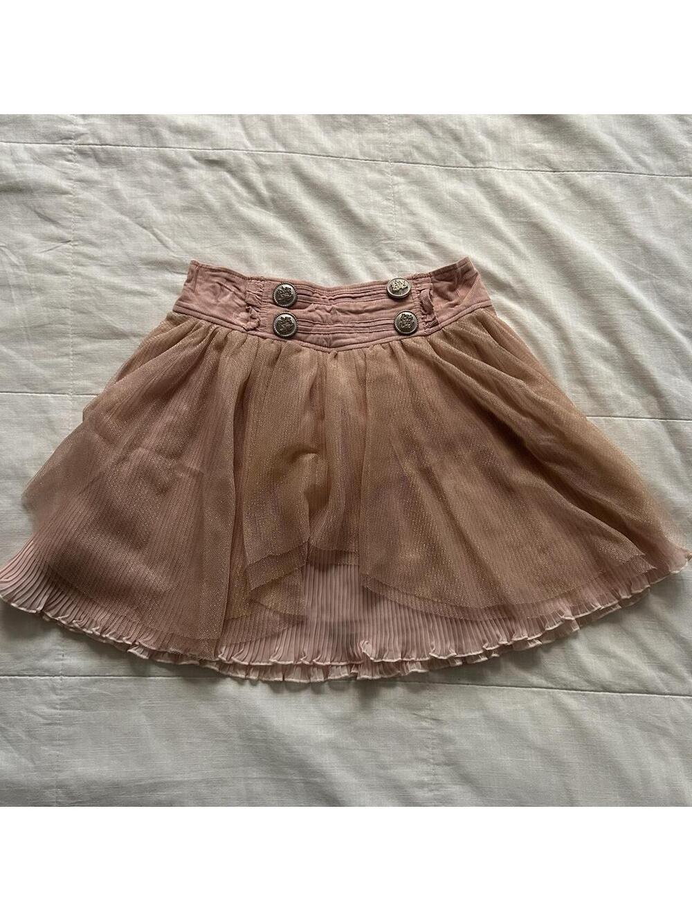 Liz Lisa Dusty Pink Tulle Mini Skirt Pleated Ruffle Hem Gold Buttons Size XS
